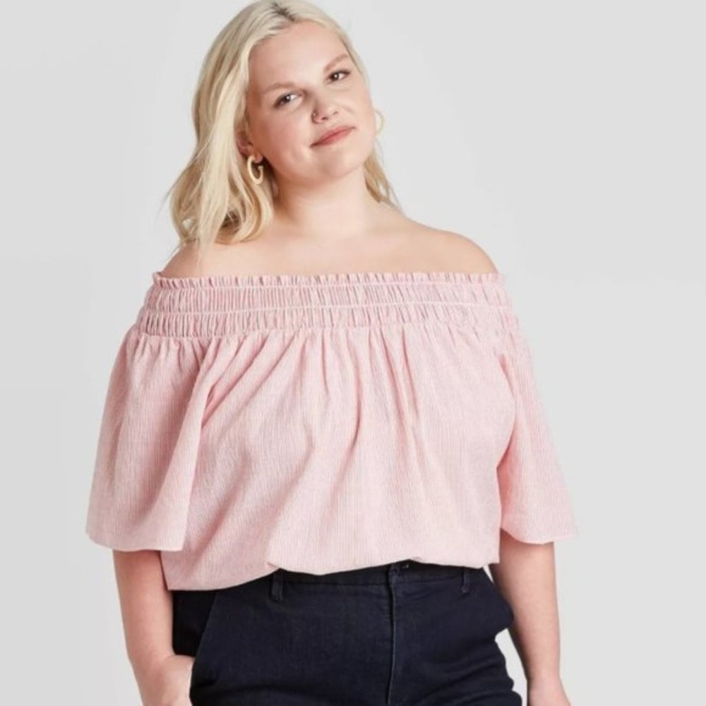 Striped Short Sleeve Smocked Yoke Top - A New Day